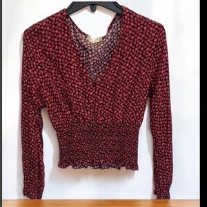 Altar'd State Red and Black Smocked Wrap Blouse